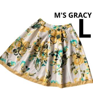 エムズグレイシー(M'S GRACY)のエムズグレイシ　スカート　フレア　花柄　L(ひざ丈スカート)