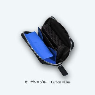 本革 牛革 メンズ ミニ財布 レディース  カードケース カーボン×ブルー(折り財布)