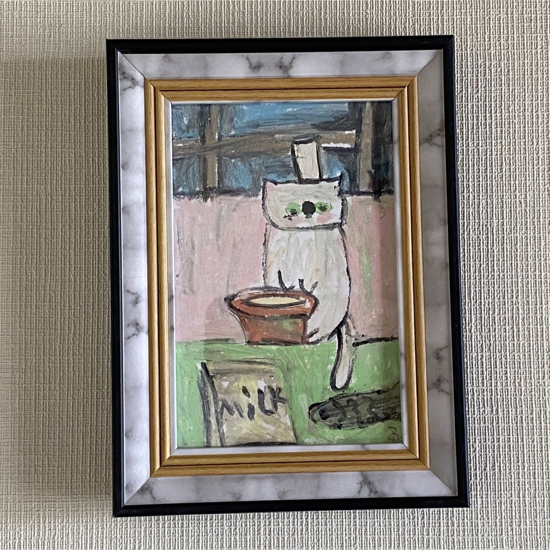 絵画。原画【牛乳を飲むのが好きなかわいい白い猫】 エンタメ/ホビーの美術品/アンティーク(絵画/タペストリー)の商品写真
