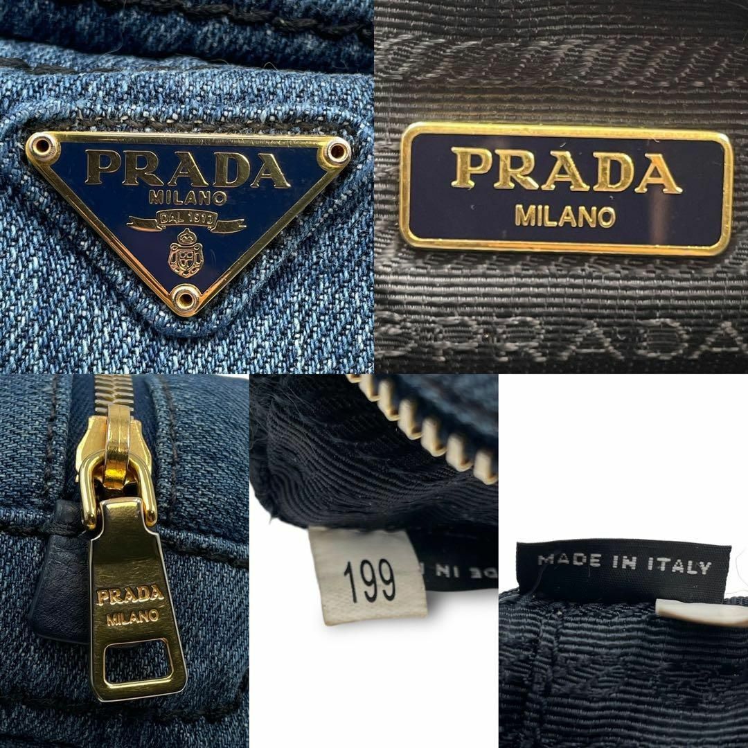 PRADA(プラダ)の良品 PRADA ポーチ バニティ 小物入れ デニム 三角ロゴ 金ロゴ ブルー レディースのバッグ(ボディバッグ/ウエストポーチ)の商品写真