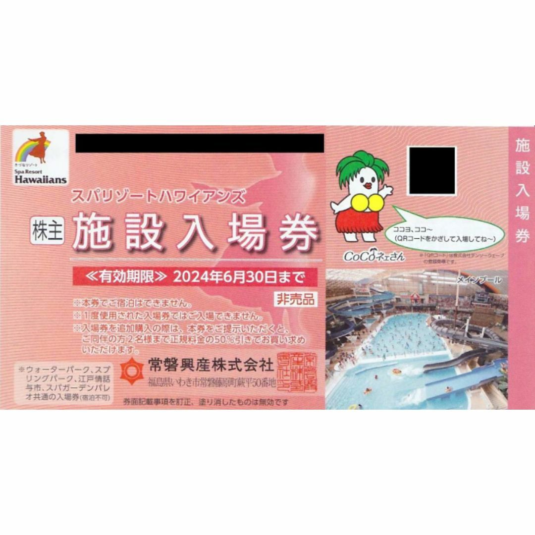 常磐興産株主優待 スパリゾートハワイアンズ入場券２枚 チケットの施設利用券(遊園地/テーマパーク)の商品写真