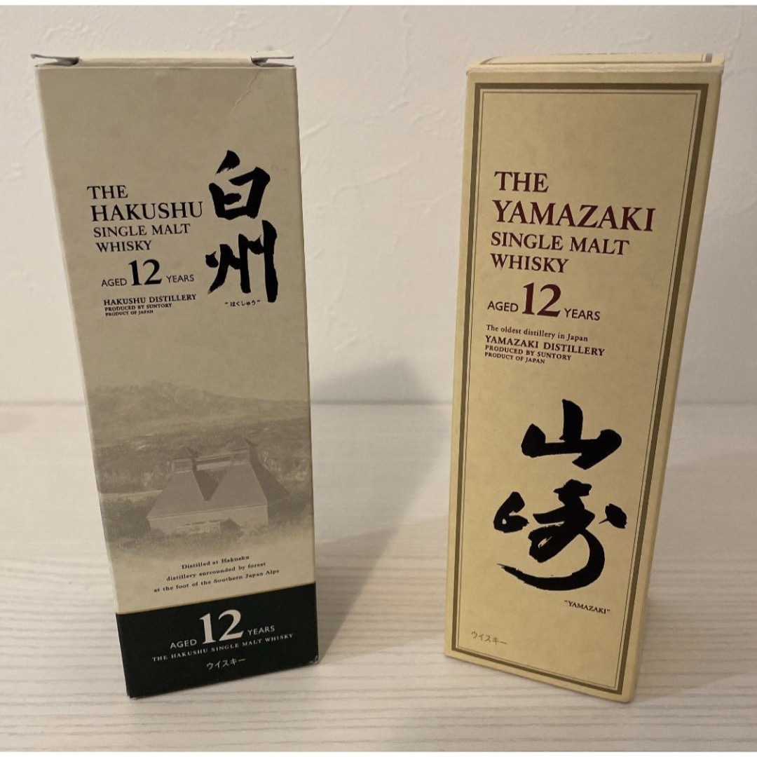 サントリー(サントリー)の超貴重　山崎12年　白州12年 180ml 箱付　ミニボトル　ベビーボトル 食品/飲料/酒の酒(ウイスキー)の商品写真