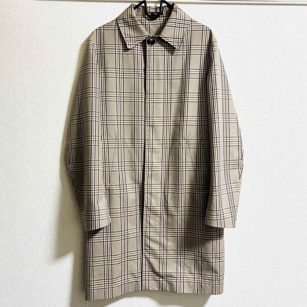 【美品】 ザラ ZARA チェック ステンカラーコート メンズ S