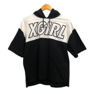 エックスガール(X-girl)のエックスガール x-girl トレーナー 半袖 ロゴ刺繍 フード 黒 白(トレーナー/スウェット)