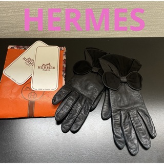 エルメス(Hermes)のHERMES エルメス　レザーグローブ、手袋　リボンモチーフ　ブラック　美品(手袋)