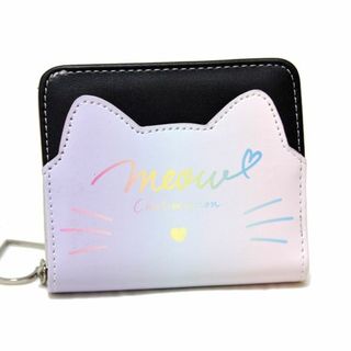 新品 コンパクトウォレット 猫 ネコ 財布 パープル 紫 黒 かわいい 未使用(財布)