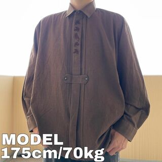 チロリアンシャツ 刺繍 ポケット 長袖 動物 アニマル XL ブラウン 茶色(シャツ)