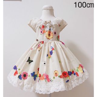 ハンドメイドワンピース　100㎝  お花ミックス(ワンピース)