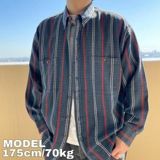 チャップス(CHAPS)の80s チャップス Wポケット ストライプチェックシャツ XL ブルー グリーン(シャツ)