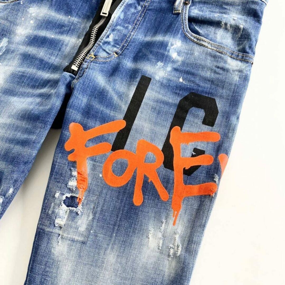 34e29 《新品》 DSQUARED2 ディースクエアード 22SS ICON MEDIUM WASH SKATER JEANS 48 ペイント加工  デニムパンツ ジーンズ ダメージ加工 インディゴ