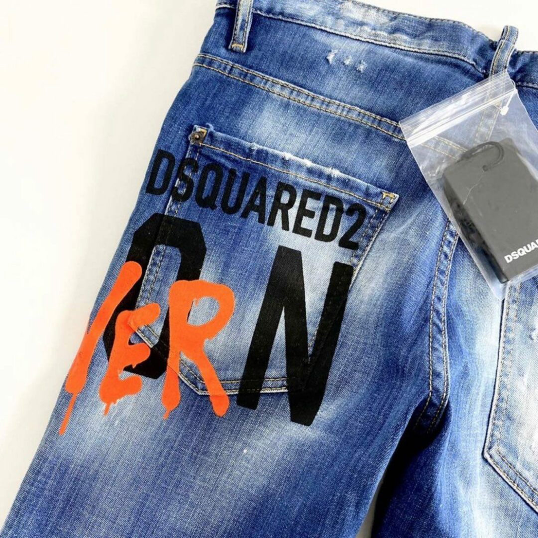 34e29 《新品》 DSQUARED2 ディースクエアード 22SS ICON MEDIUM WASH SKATER JEANS 48 ペイント加工  デニムパンツ ジーンズ ダメージ加工 インディゴ