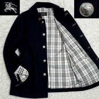 バーバリーブラックレーベル(BURBERRY BLACK LABEL)の極美品 M バーバリーブラックレーベル マリンコート 濃紺 ホースロゴ 銀ボタン(ステンカラーコート)