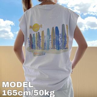 ハードロックカフェ ノースリーブ プリントTシャツ マウイ L 白 黄色 USA(Tシャツ/カットソー(半袖/袖なし))