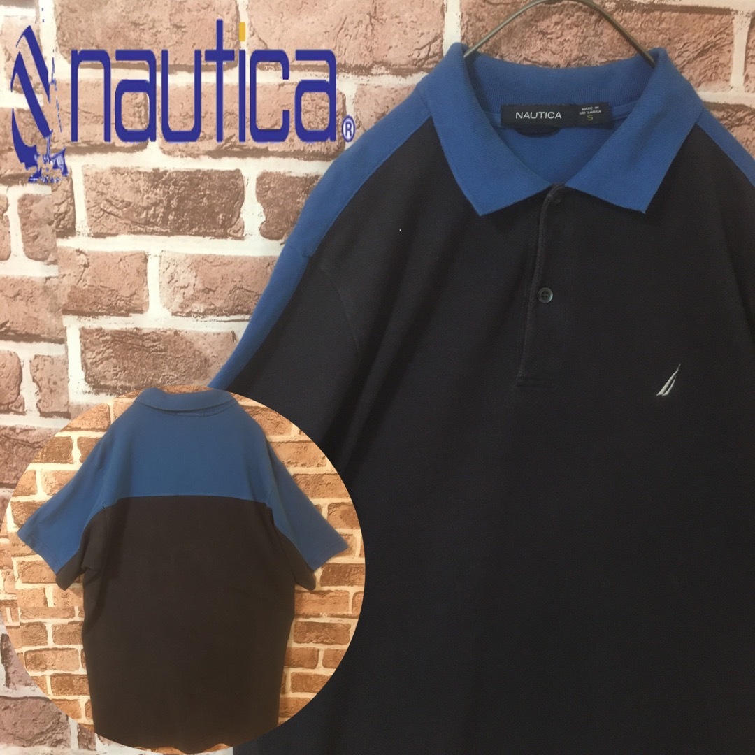 NAUTICA(ノーティカ)の【Mサイズ相当】ノーティカ☆刺繍ロゴ　ポロシャツ　ネイビー×ブルー　ツートーン メンズのトップス(ポロシャツ)の商品写真