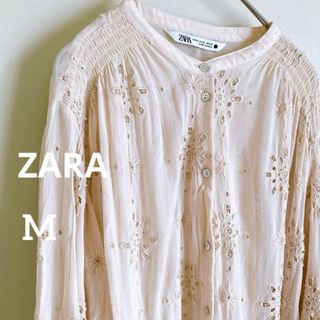 ザラ(ZARA)のZARA レース総柄 長袖 ノーカラー シャツ ブラウス ベージュ M Zザラ(シャツ/ブラウス(長袖/七分))