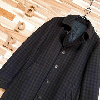 コムサメン(COMME CA MEN)のオシャレ【コムサ・メン】チェック ウール コート キュプラ ビジネス M 茶×黒(ピーコート)