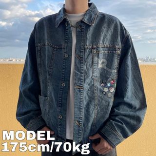 ロカウェア(Rocawear)のロカウェア デニムジャケット アウター ブルー青 ロゴプリント L 古着(Gジャン/デニムジャケット)