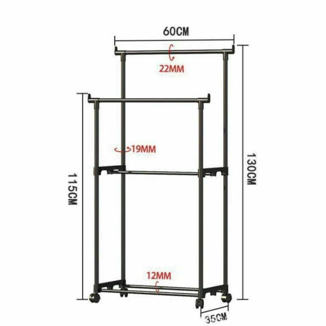 ダブルハンガーラックキャスター付き　ハンガー 2段 洋服 収納 パイプ インテリア/住まい/日用品の収納家具(棚/ラック/タンス)の商品写真