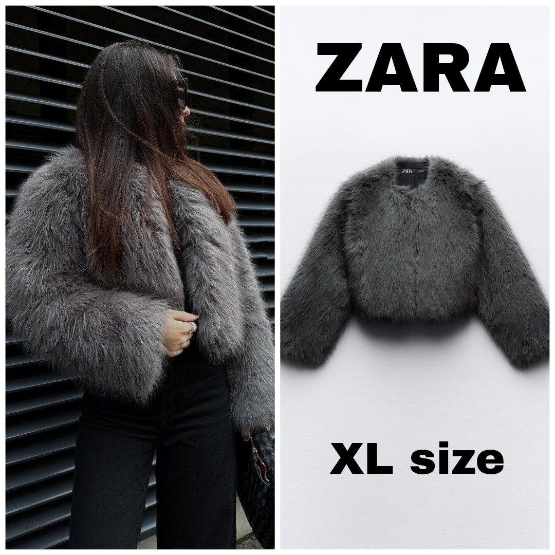 ZARA　クロップド丈フェイクファージャケット　XLサイズ　ダークグレー | フリマアプリ ラクマ