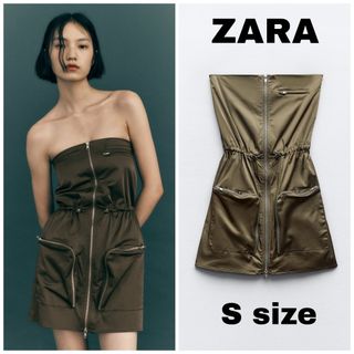 ザラ(ZARA)のZARA　ストラップレス ワンピース　Sサイズ　カーキ色(ミニワンピース)