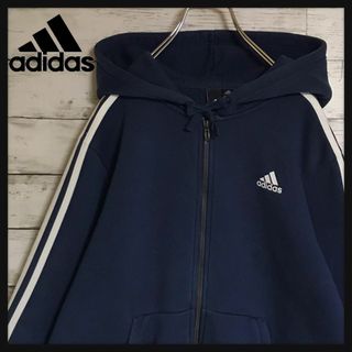 アディダス(adidas)の【裏起毛】アディダス　ロゴ入りジップパーカー　ネイビー　人気L F867(パーカー)