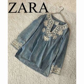 ザラ(ZARA)の美品　ZARA ザラ　ブラウス　シャツ　デニム　デニムシャツ　刺繍　人気　完売(シャツ/ブラウス(長袖/七分))