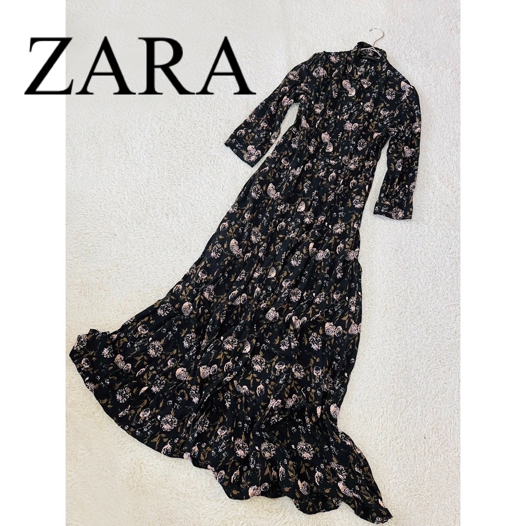 ZARA - 美品 ZARA ザラ ロングワンピース ワンピース 花柄 黒 ZARA - 美品 ZARA ザラ ロングワンピース ワンピース 花柄 黒