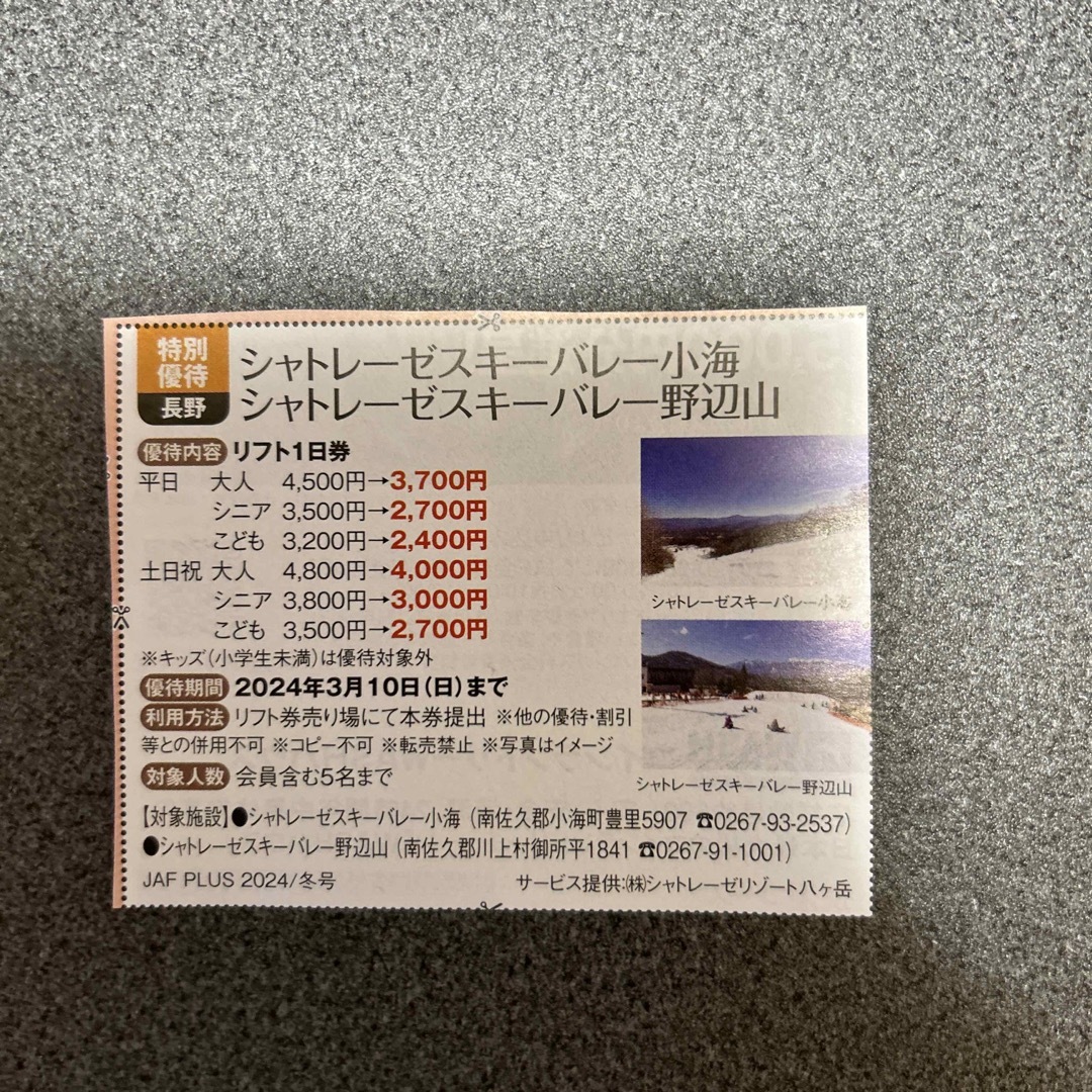 シャトレーゼスキーバレー小海　野辺山　リフト割引券 チケットの優待券/割引券(その他)の商品写真