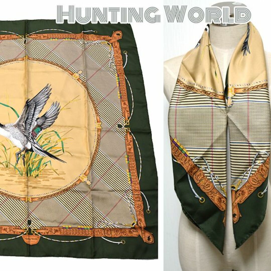 HUNTING WORLD(ハンティングワールド)のハンティングワールド■美品　ロゴ×千鳥格子柄大判シルクスカーフ　メンズ　ショール レディースのファッション小物(バンダナ/スカーフ)の商品写真