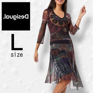 DESIGUAL - Desigual デシグアル ボヘミアン ドレス アシンメトリー Vネック L