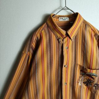 キャラクター刺繍 ストライプシャツ オレンジ レトロポップ 日本製 古着(シャツ)