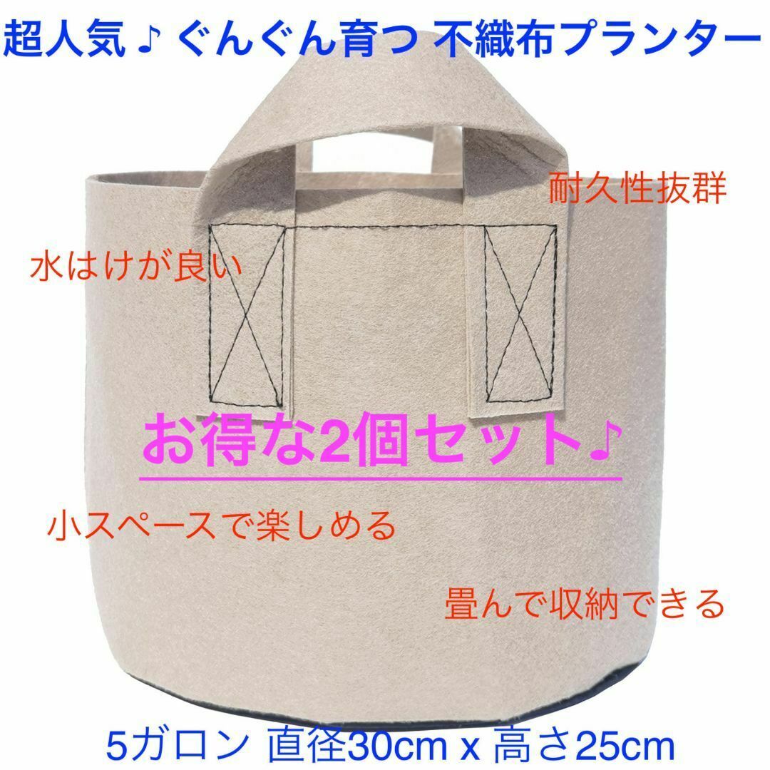 不織布プランター 5ガロン 植木鉢 10号 栽培袋 フェルト ベージュ x 2個 ハンドメイドのフラワー/ガーデン(プランター)の商品写真