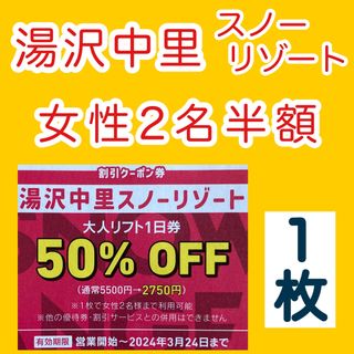 湯沢中里スノーリゾート 女性2名リフト半額券１枚(スキー場)