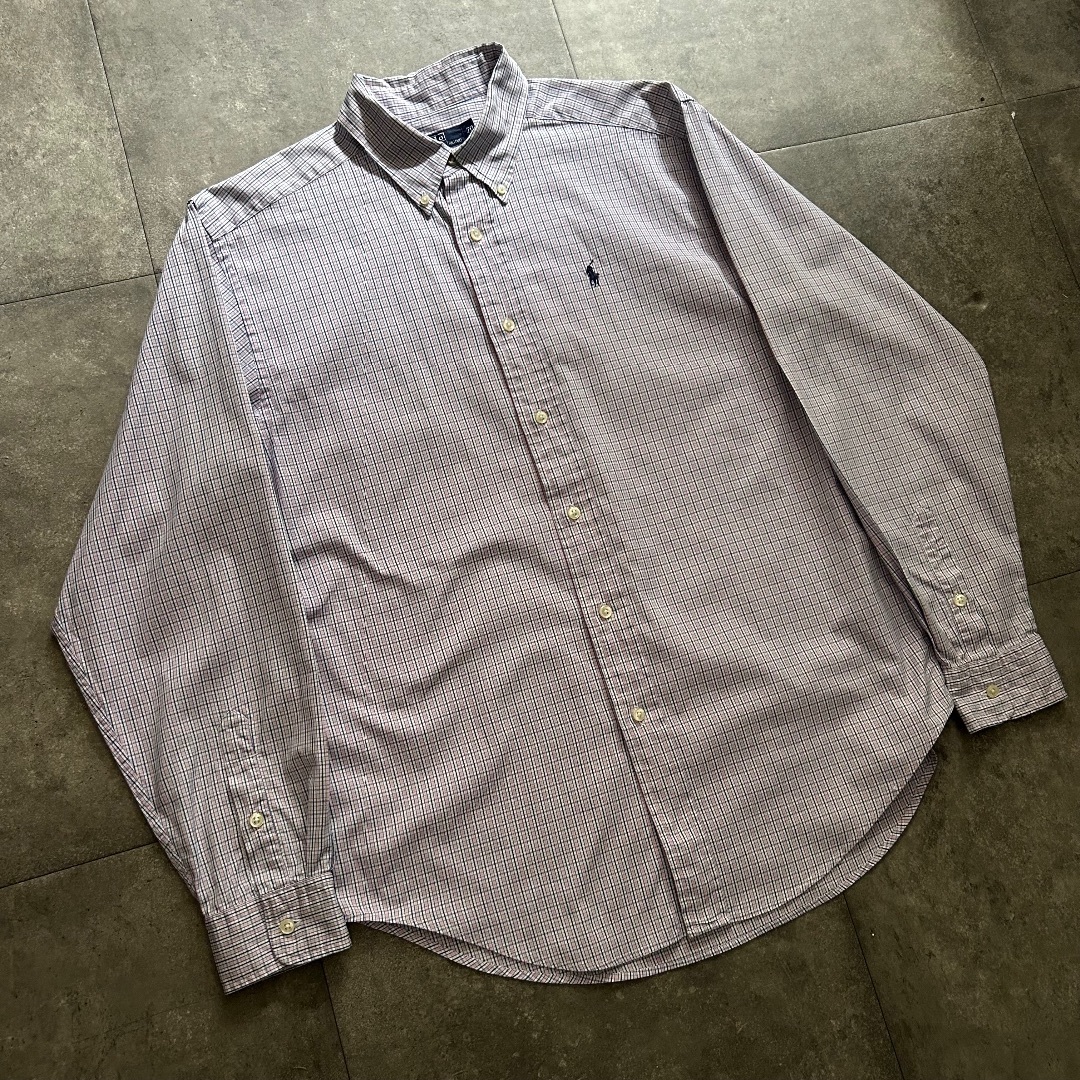 POLO RALPH LAUREN(ポロラルフローレン)の90s ラルフローレン ボタンダウンシャツ ピンク×ネイビー メンズのトップス(シャツ)の商品写真