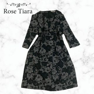 ローズティアラ(Rose Tiara)の【135】Rose Tiara ローズティアラ ワンピース S 白　黒　花柄(ひざ丈ワンピース)