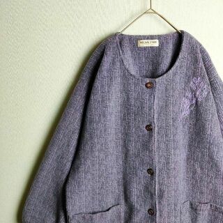 花刺繍 ノーカラージャケット くすみパープル リブ袖 パッチポケット レトロ(ノーカラージャケット)