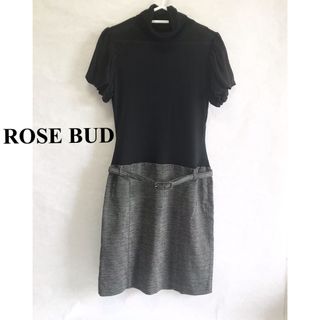 ローズバッド(ROSE BUD)のROSE BUDハイネックバルーンスリーブワンピース/シルク/黒×シルバーグレー(ひざ丈ワンピース)