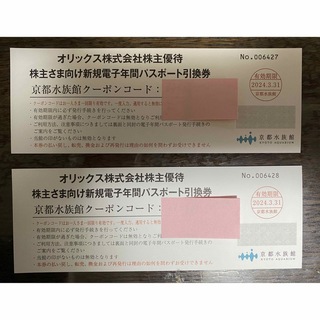 京都水族館 年間パスポート 引換券２枚(水族館)