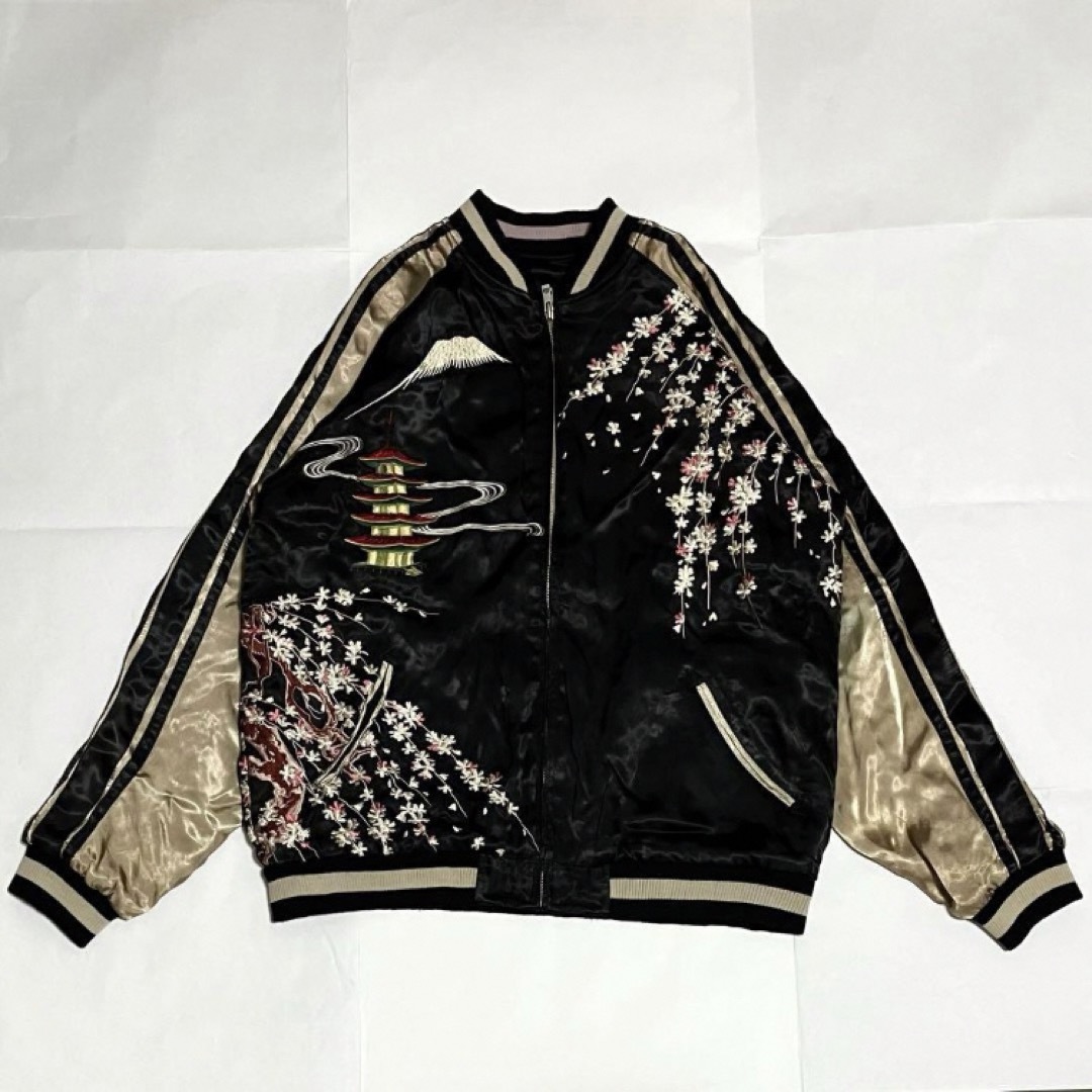 【希少】花旅楽団 スカジャン リバーシブル レーヨン混 花魁 桜吹雪 刺繍 和柄 【希少】花旅楽団 スカジャン リバーシブル レーヨン混 花魁 桜吹雪 刺繍 和柄