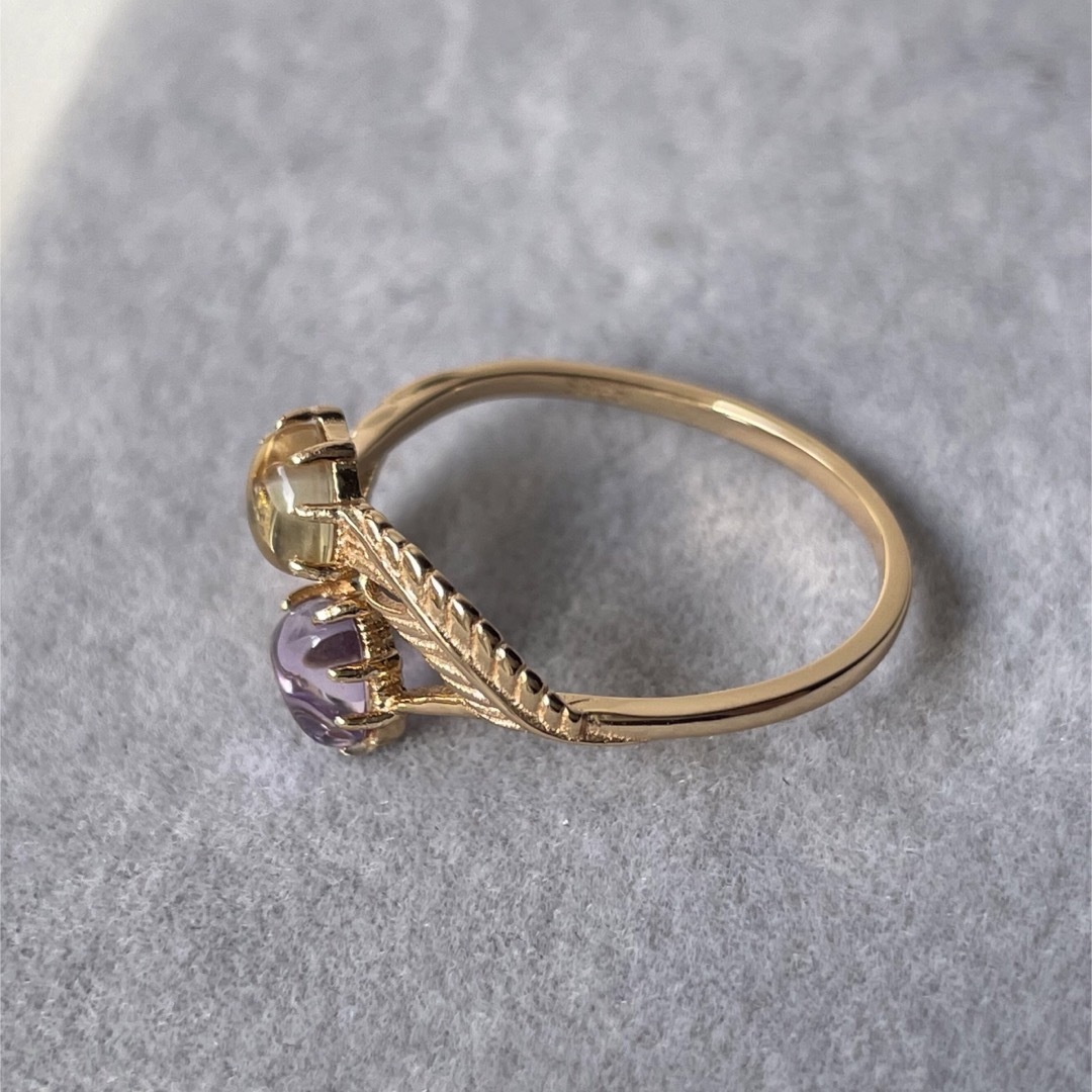 羽ばたくウィングモチーフデザイン　黄水晶　紫水晶　リング　繊細 レディースのアクセサリー(リング(指輪))の商品写真