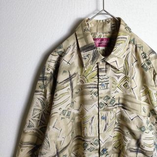 エスニック柄 総柄シャツ オリーブカラー カネボウ レア レトロ古着(シャツ)