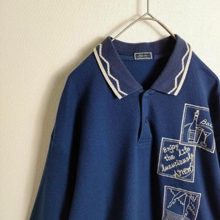 胸元刺繍 長袖ポロシャツ ネイビー ハーフボタン 日本製 レトロ古着(ポロシャツ)