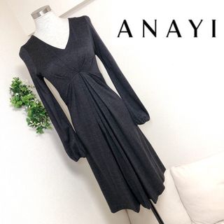 アナイ(ANAYI)のANAYI アナイの上品Vネックワンピースダークグレー38(ひざ丈ワンピース)