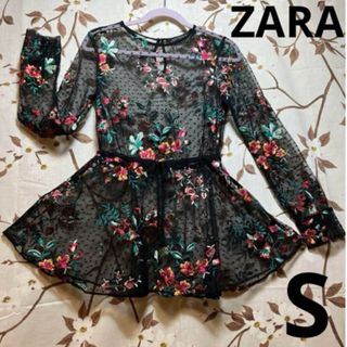 ZARA - レディース　ZARA 透け感トップス　チュール花柄刺繍 黒　春ときめくチュニック