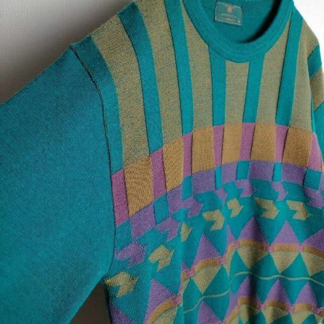 幾何学柄 ニット グリーン パープル 立体 太アーム 日本製 レトロ メンズのトップス(ニット/セーター)の商品写真