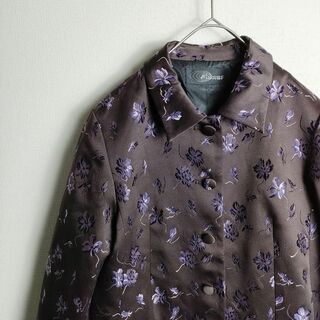 昭和レトロ 花刺繍ロングコート パープル 紫 くるみボタン 古着(ロングコート)