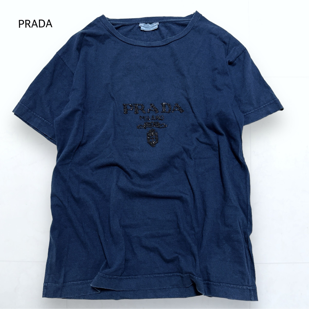 PRADA センターロゴ ビーズ装飾 半袖 カットソー ネイビー