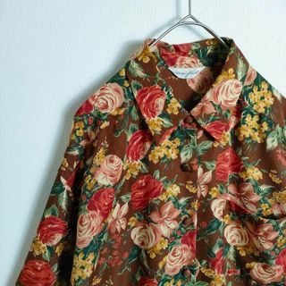 レトロ 花柄シャツ ブラウン くるみボタン バラ 日本製(シャツ)