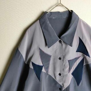 パッチワークポリシャツ 刺繍 くすみカラー 紫 レトロ(シャツ)