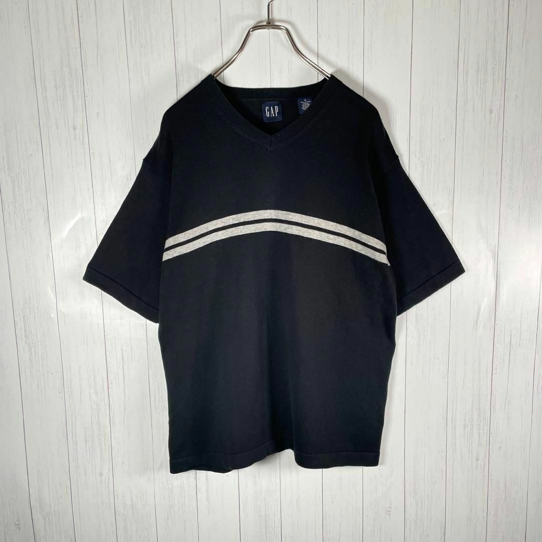 GAP(ギャップ)の[古着]OLD GAP　半袖　サマーニット　太ライン　V字　90s　無地　黒　白 メンズのトップス(Tシャツ/カットソー(半袖/袖なし))の商品写真